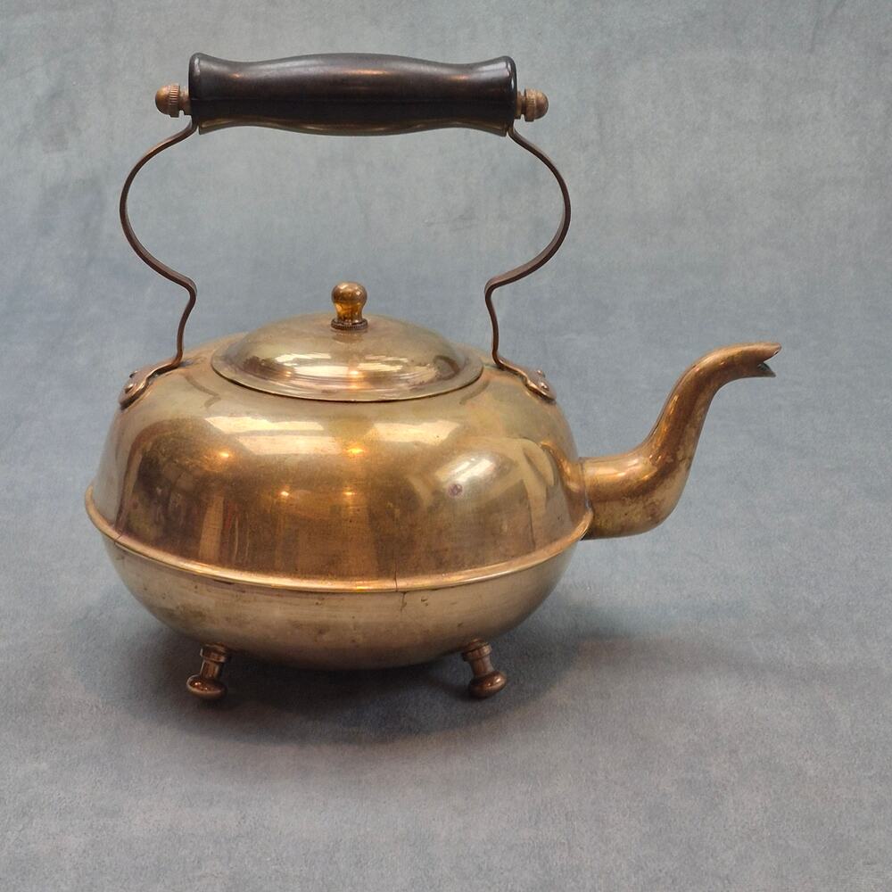 Brass Footed Vintage English Tea Kettle Wood Handle Gooseneck Spout